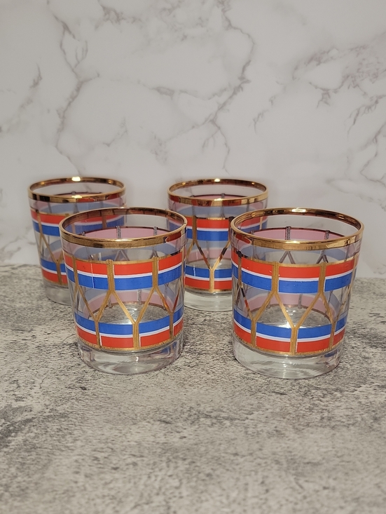 Vintage Other - Vintage Fabrico Red and Blue Gold Rim Rocks Glasses Set of Four